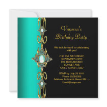 Birthday Party Damask Teal Green Blue Gold Black invitations