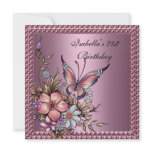Birthday Party Elegant Floral Butterfly Pink Personalized Announcements