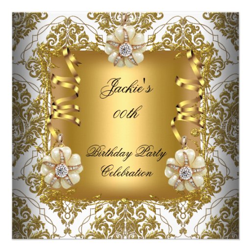 Birthday Party Elegant Gold White Silver Damask Custom Announcements