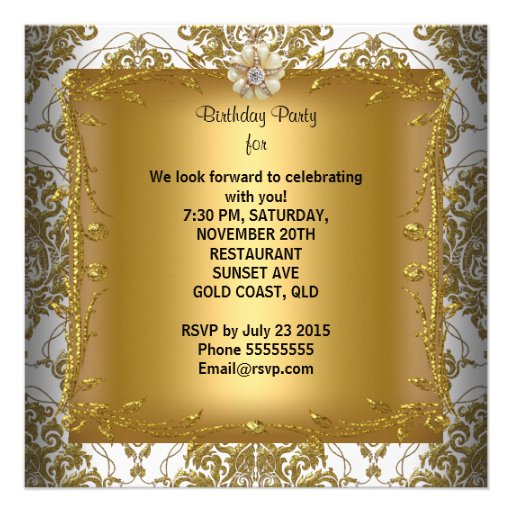 Birthday Party Elegant Gold White Silver Damask Custom Announcements