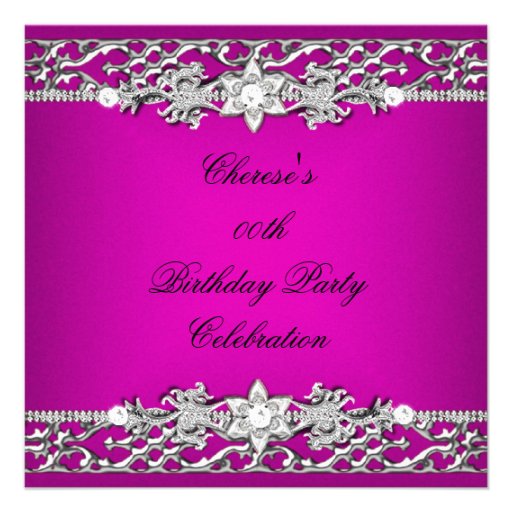 Birthday Party Elegant Hot Pink Silver Diamond Personalized Announcement