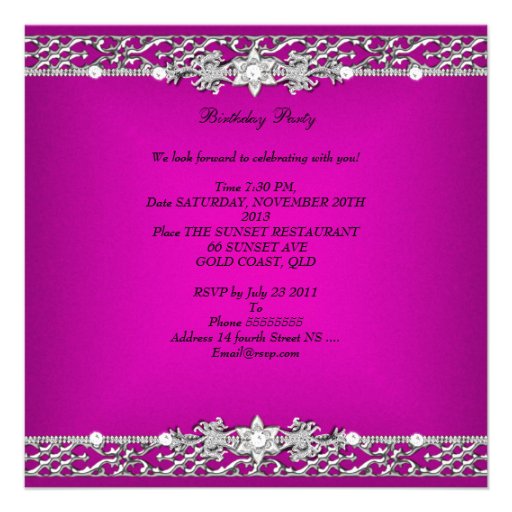Birthday Party Elegant Hot Pink Silver Diamond Personalized Announcement