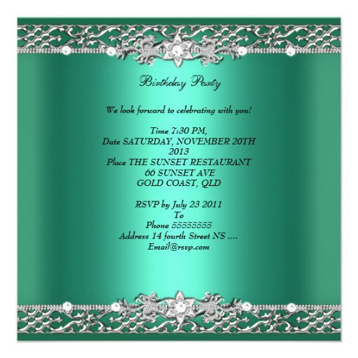 Birthday Party Elegant Jade Green Silver Diamond Announcements