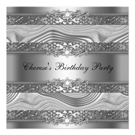 Birthday Party Elegant Silver Swirl Diamond Black Announcement