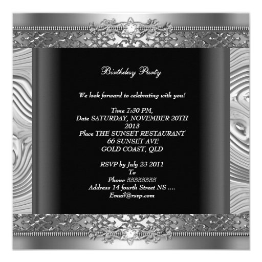 Birthday Party Elegant Silver Swirl Diamond Black Announcement