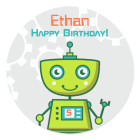 Birthday Party Favor Sticker | Robot Theme Round Sticker