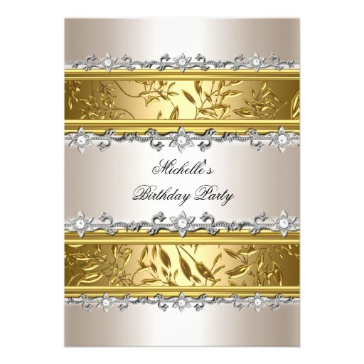 Birthday Party Floral Cream Gold Silver Diamond Personalized Invite