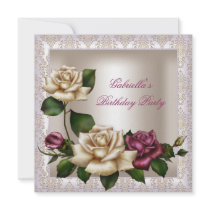 Birthday Party Floral Pink Cream Damask Personalized Invitations