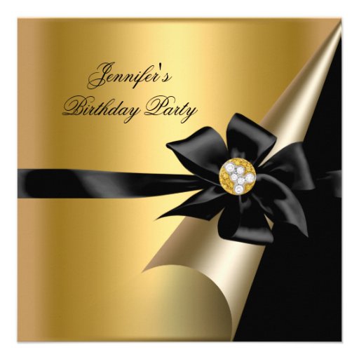 Birthday Party Gold Black Bow Diamond Image Invite