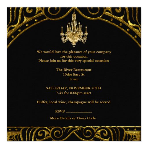 Birthday Party Gold Black Chandelier Invite