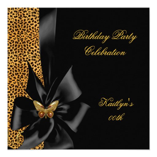 Birthday Party Gold Cheetah Black Butterfly Custom Announcements