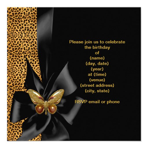Birthday Party Gold Cheetah Black Butterfly Custom Announcements