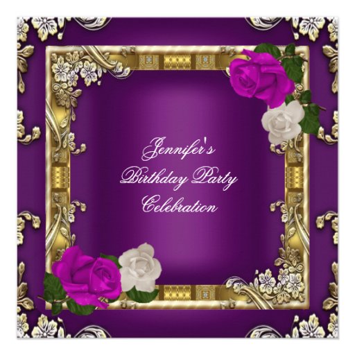 Birthday Party Gold Purple Plum Cream Rose Personalized Announcements