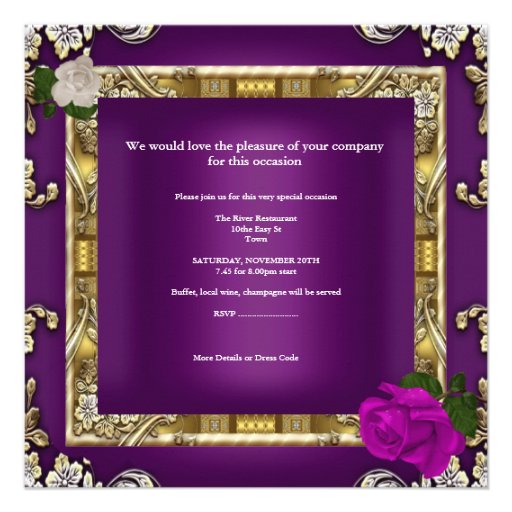 Birthday Party Gold Purple Plum Cream Rose Personalized Announcements