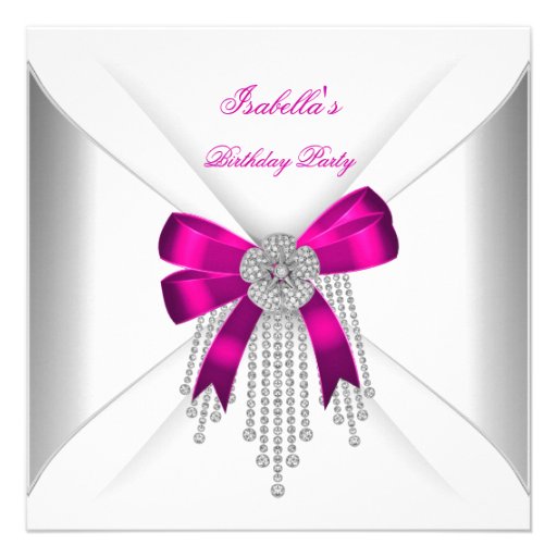 Birthday Party Hot Pink Bow Silver White Diamond Announcements