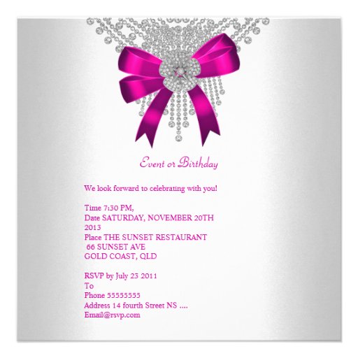Birthday Party Hot Pink Bow Silver White Diamond Announcements