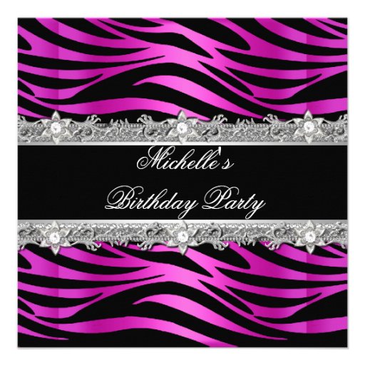Birthday Party Hot Pink Silver Zebra Diamond Black Personalized Announcement