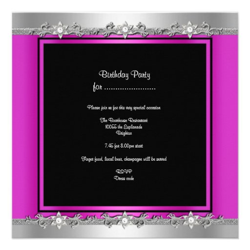 Birthday Party Hot Pink Silver Zebra Diamond Black Personalized Announcement