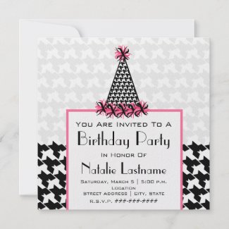 Birthday Party - Houndstooth & Pink Party Hat invitation