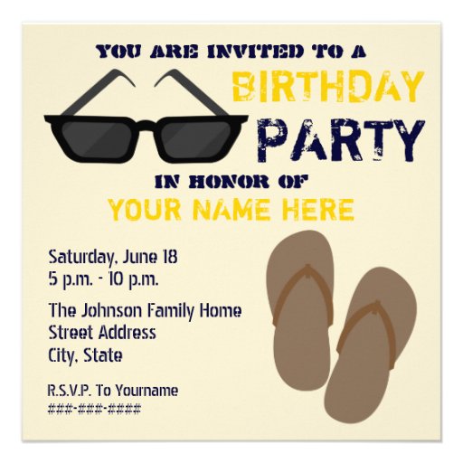 Birthday Party Invitation Flip Flops & Sunglasses
