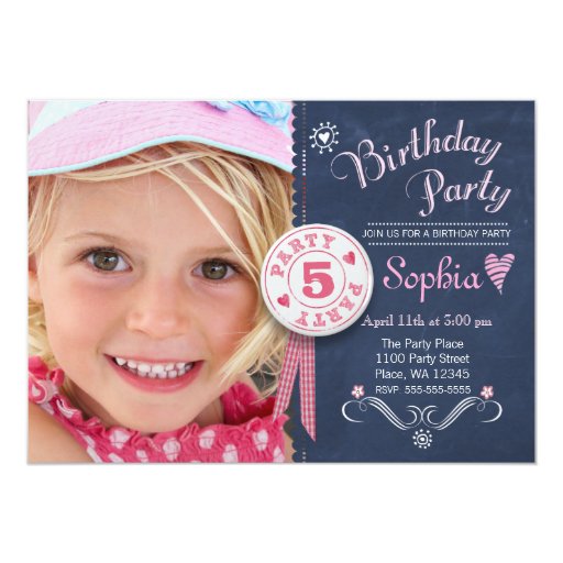 Birthday Party Invitation Girl Chalkboard Photo (front side)