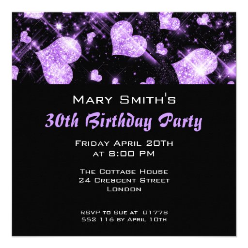 Birthday Party Invitation Purple Glitter Hearts