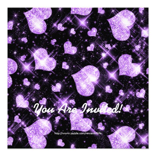 Birthday Party Invitation Purple Glitter Hearts