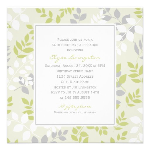 Birthday Party Invitation | Spring Leaves Border (front side)