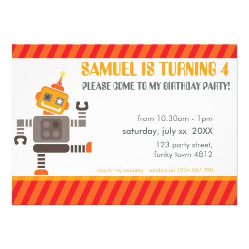 BIRTHDAY PARTY INVITES cool robot dancing orange