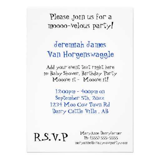 Birthday Party or Baby Shower Party Cow! Personalized Invite
