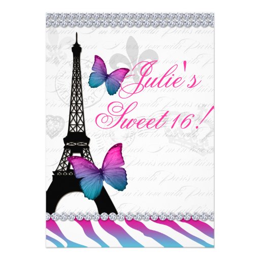 Birthday Party Paris Card Eiffel Tower Butterflies