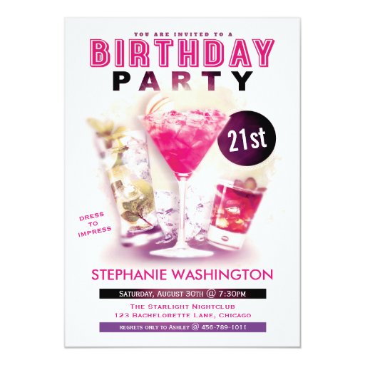 Birthday Party Pink Martini and Cocktails Custom Announcements (front side)