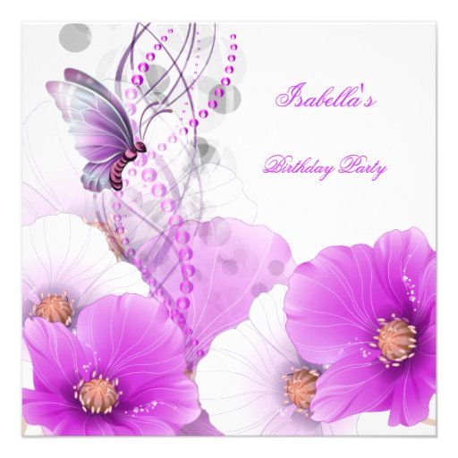 Birthday Party Pretty Floral Lilac White Butterfly Personalized Invite