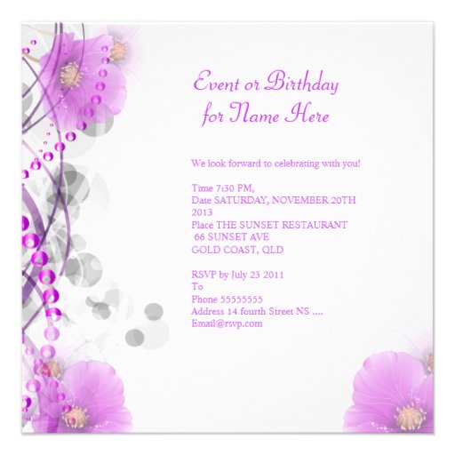 Birthday Party Pretty Floral Lilac White Butterfly Personalized Invite