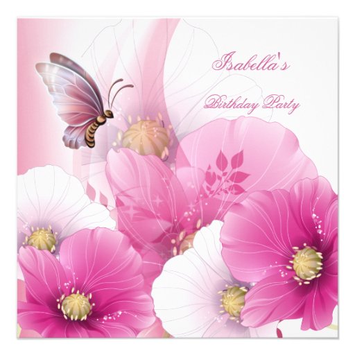 Birthday Party Pretty Floral Pink White Butterfly Personalized Invitation