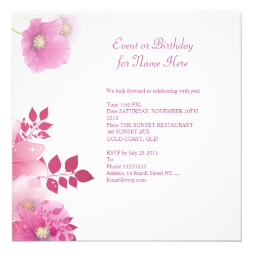 Birthday Party Pretty Floral Pink White Butterfly Personalized Invitation