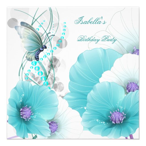Birthday Party Pretty Floral Teal White Butterfly Custom Invite