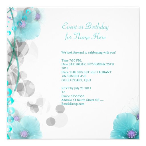Birthday Party Pretty Floral Teal White Butterfly Custom Invite