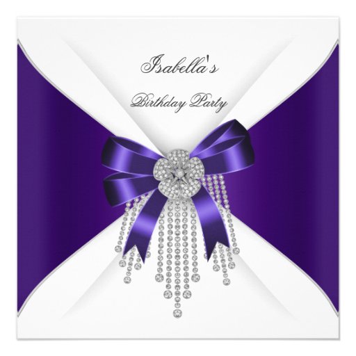 Birthday Party Purple Bow Silver White Diamond Invitations