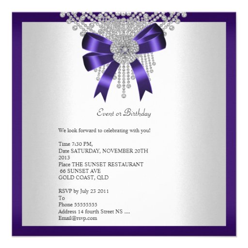 Birthday Party Purple Bow Silver White Diamond Invitations