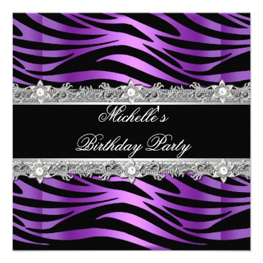 Birthday Party Purple Silver Zebra Diamond Black Personalized Invite