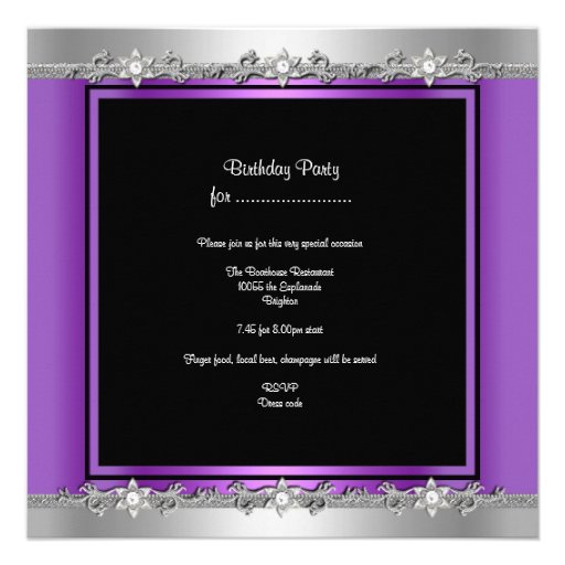 Birthday Party Purple Silver Zebra Diamond Black Personalized Invite