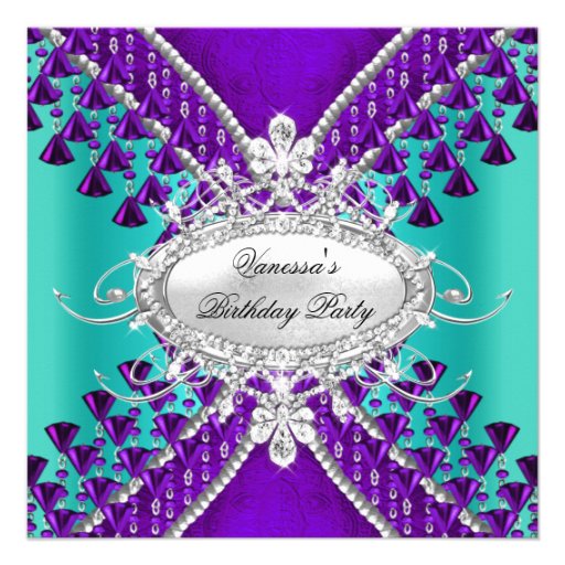 Birthday Party Purple Teal Blue Diamond Beads Invites