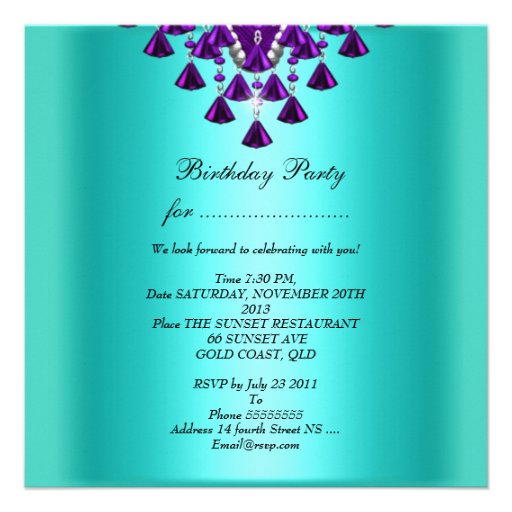 Birthday Party Purple Teal Blue Diamond Beads Invites