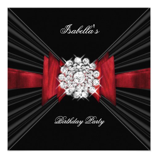 Birthday Party Red Black Diamond Red Bow Personalized Announcement