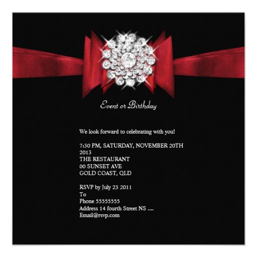 Birthday Party Red Black Diamond Red Bow Personalized Announcement