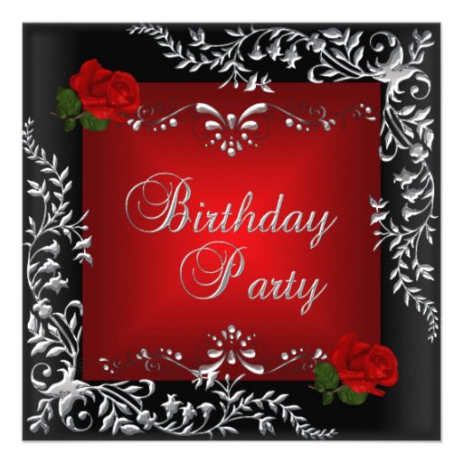 Birthday Party Red Rose Silver Floral Black Personalized Announcements