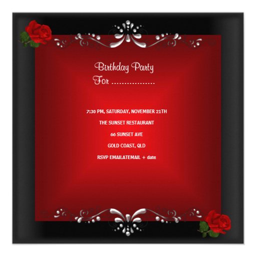 Birthday Party Red Rose Silver Floral Black Personalized Announcements