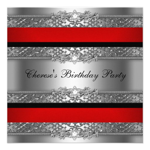 Birthday Party Red Silver Black Diamond Custom Announcement