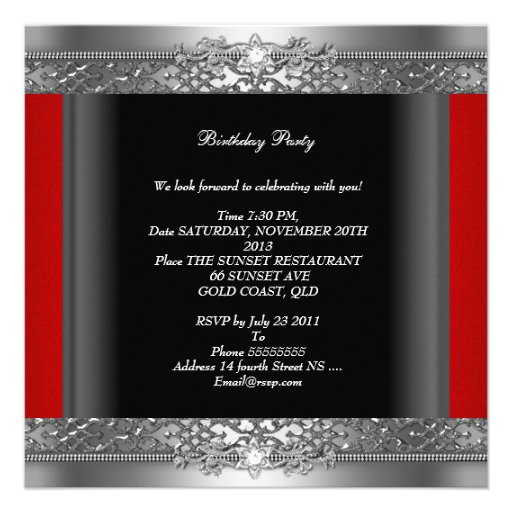Birthday Party Red Silver Black Diamond Custom Announcement